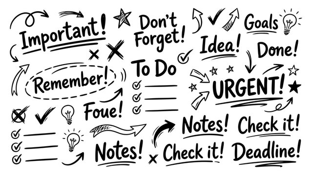 Black and white illustration of various reminder and todo list doodles