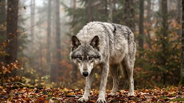 Majestic gray wolf standing in autumn forest with foggy background