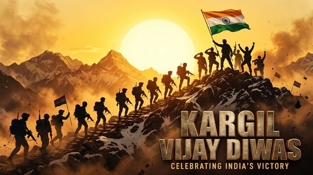 Kargil, Vijay, Diwas, Soldiers, Army, Flag, Tricolor, Mountain, Silhouette, Patriotic, Victory, India, Indian, Military, Climbing, Summit, Peak, Sunset, Sunrise, Sun, Clouds, Epic, Poster, Banner, Vec