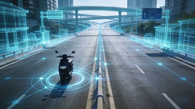 Futuristic Motorcycle Navigation: A motorcycle rides on a smart highway, with holographic projections showing navigation and data, symbolizing advanced technology and interconnected transportation