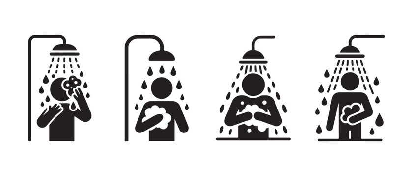 Set of black shower icons showing a person washing body and hair in a minimalist vector style.