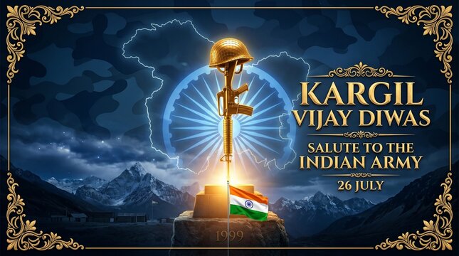 Golden soldier helmet memorial on mountain peak background for Kargil Vijay Diwas greeting card template with elegant border design