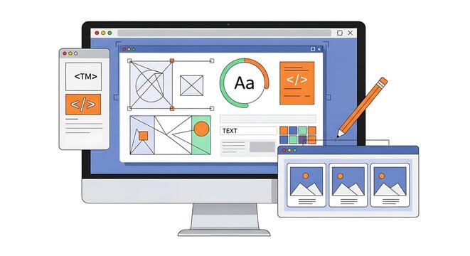 Graphic designer working on a computer with various design elements and tools on screen