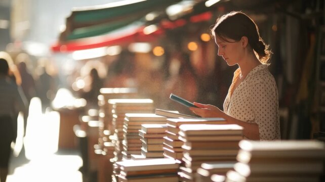 Young Woman Reading Book at Outdoor Book Market in City Street