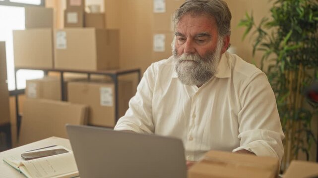 Man holding smartphone to ear with hand at laptop amid stacked cardboard boxes and shelves in a building; focused entrepreneur.
