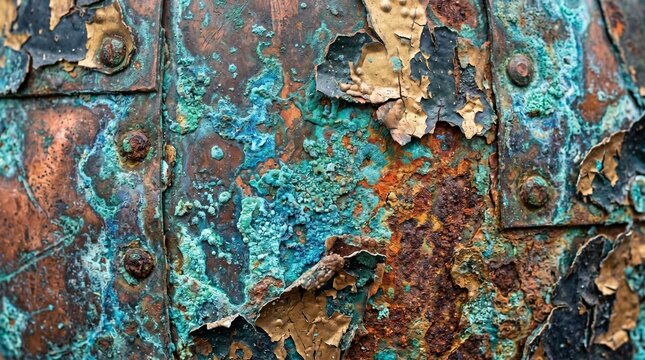 Rusty oxidized metal plate with blue verdigris patina and rivets
