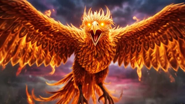 Majestic phoenix rising from fiery ashes with majestic wings spread