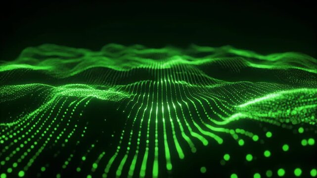 Abstract Green Digital Waveform Flowing Data Network Visualization.