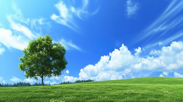 A solitary green tree stands on a lush grassy hill under a vibrant blue sky with white clouds