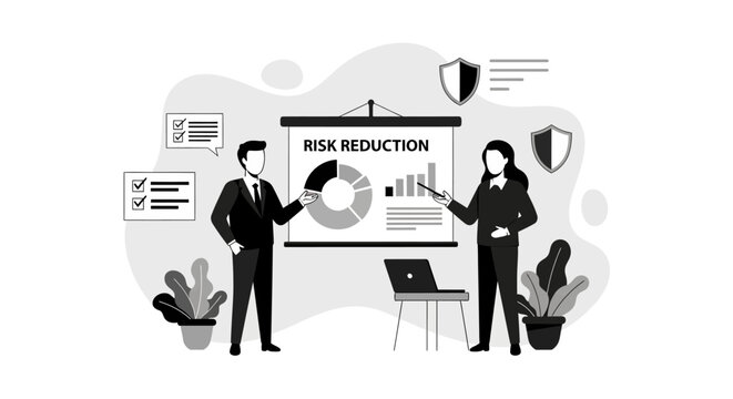 Business professionals presenting risk reduction strategy with charts and graphs.