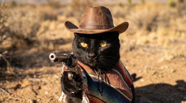 Black cat dressed as a cowboy holding a pistol in the desert.