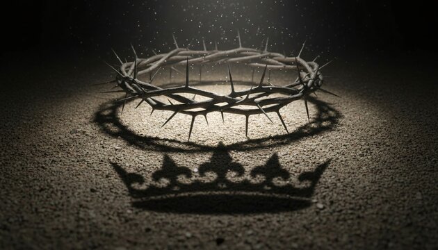 A crown of thorns casting a shadow of a royal crown on a sandy surface, symbolizing sacrifice and royalty.