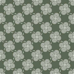 Fototapeta premium Elegant seamless pattern with white line art swirls on olive green background. Minimalist abstract floral vector illustration for packaging, textile fabric, wallpaper, and nature inspired design.