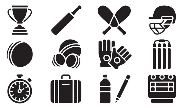 Cricket sport lifestyle icons collection on transparent background for web graphic design use.