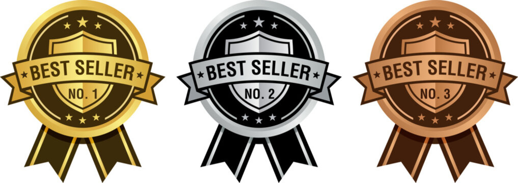 Best seller badge set with gold silver and bronze medals, premium quality award ribbons for ranking, metallic shield emblems for top products.