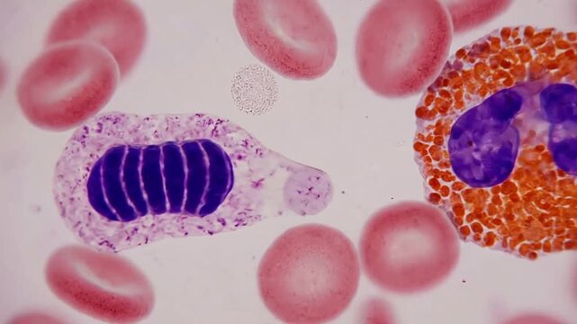 Microscopic View of Blood Cells and Plasma in Human Blood Sample