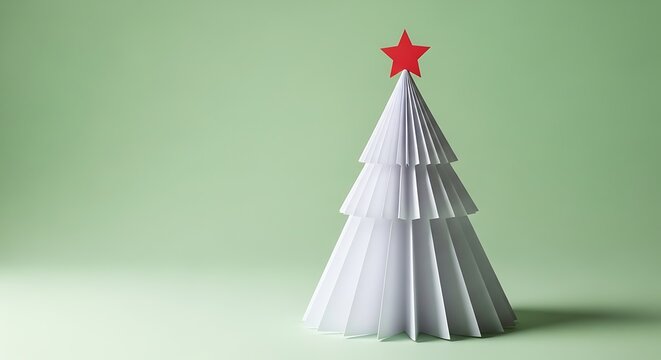 Paper Christmas tree with a red star on a pastel green background