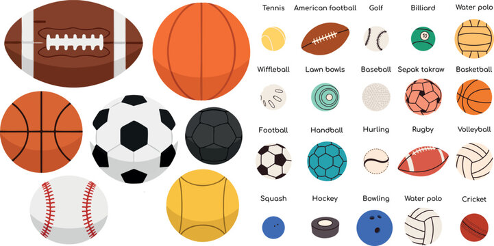 Hand Drawn Sports Ball Icon Collection Football Basketball Cricket and Hurling Equipment Vector Set