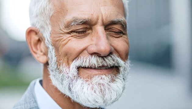 Primer plano de hombre mayor con barba blanca y expresi&oacute;n serena sobre fondo urbano desenfocado