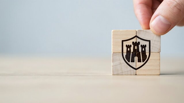 A hand places a wooden block with a shield logo on a table indoors.