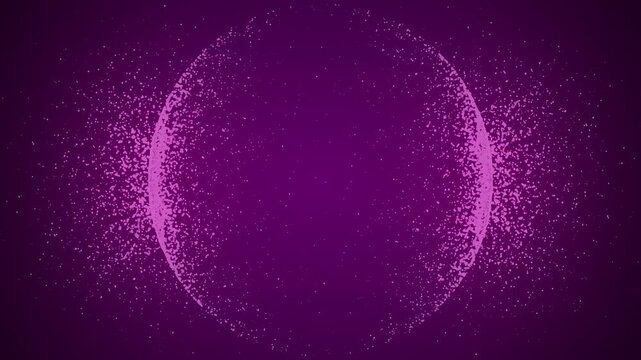 A dynamic abstract sequence showing a purple glowing sphere formed by dispersed particles with luminous rings against a deep violet background