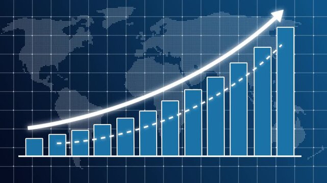 Digital business bar chart animation with steadily rising arrow and dotted trend line. Business growth concept in graph chart showing marketing sales profit increasing to future target .upward arrow.