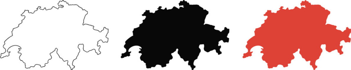 Fototapeta premium Switzerland map, icons featuring outline, silhouette and flag designs isolated on white background for mapping and branding. 