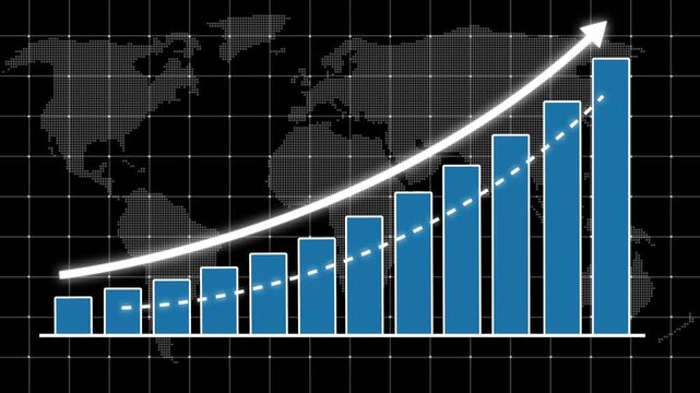 Digital business bar chart animation with steadily rising arrow and dotted trend line. Business growth concept in graph chart showing marketing sales profit increasing to future target .upward arrow.