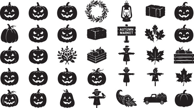 Set of black vector illustrations featuring halloween pumpkins scarecrows autumn leaves and rustic market elements for seasonal graphic design projects