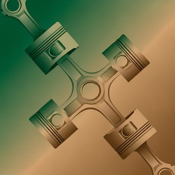 Four engine pistons arranged in a cross shape on a gradient background