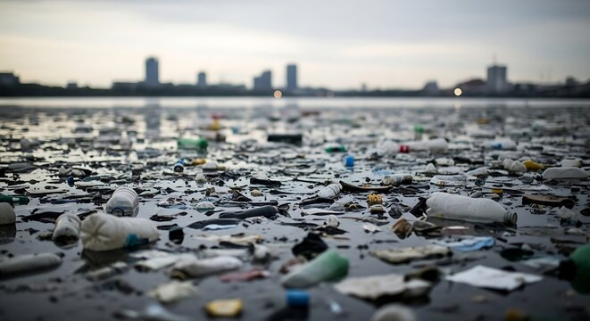 Plastic waste litters a body of water with city skyline in the soft focus background