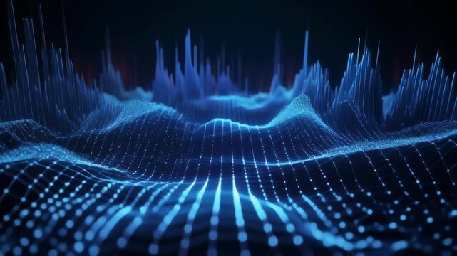 Abstract Blue Digital Landscape with Glowing Particles and Waves.
