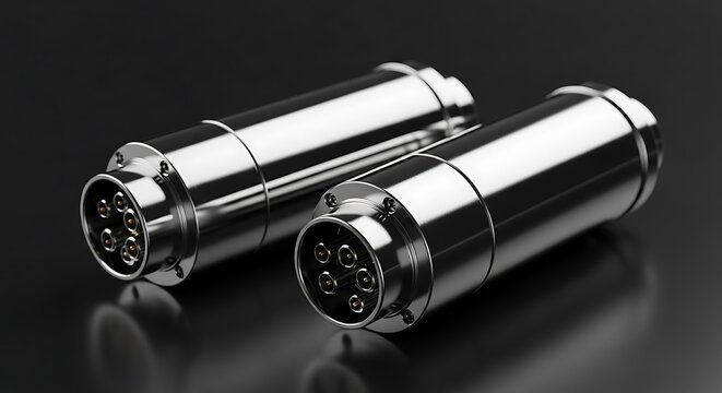 Polished metallic cylindrical components with multiple connector pins, set against a dark backdrop