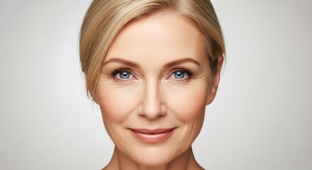 Fototapeta premium Portrait of a mature woman with blonde hair, fair skin, and blue eyes, smiling