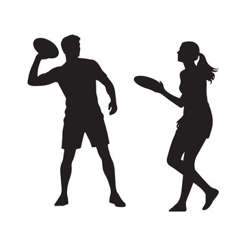 Black Silhouette Vector Illustration Of A Man And Woman Playing Ultimate Frisbee. 
