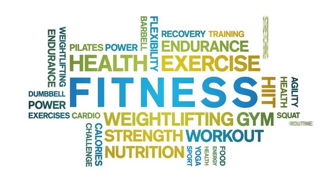 Fitness animated word cloud-text design animation tag kinetic typography seamless loop.