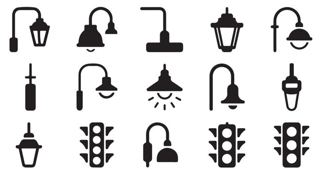 Urban traffic control and street lighting icons including signal lights and wall lanterns.
