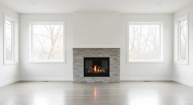 Modern living room with stone fireplace and large windows minimalist interior design neutral palette