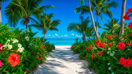 paradise island with palm trees, flowers and ocean © Mimi B