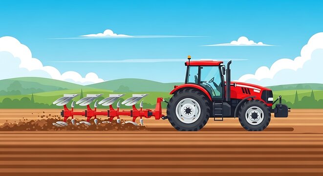 Red tractor plowing a field under a blue sky, mountains in the distance, cultivating soil