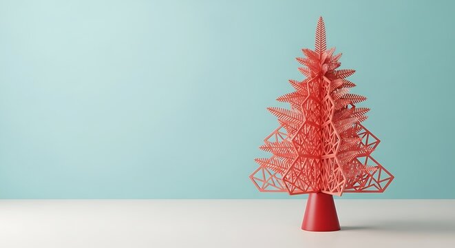 Red geometric Christmas tree sculpture on a white surface, teal background, minimalist