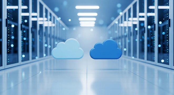 Render of server room with floating cloud icons, representing cloud computing and data
