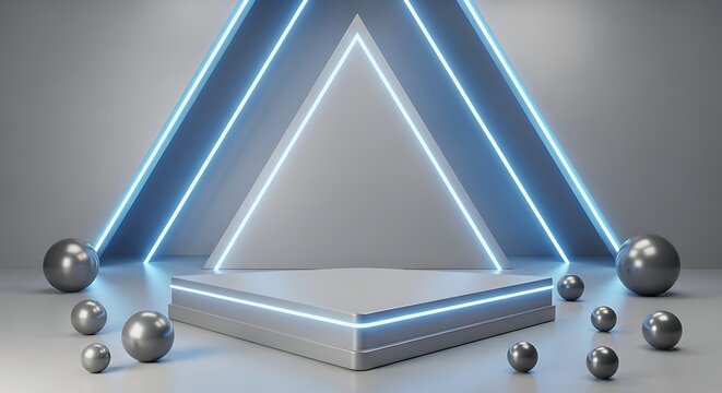 Futuristic white podium stage with blue neon light triangles for product display in a 3D studio