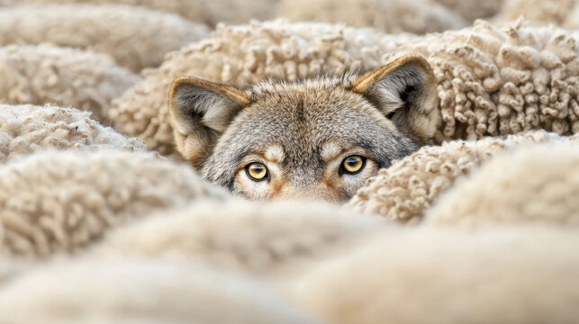 Lone wolf blending with herd of sheep, showcasing its keen eyes and stealthy nature. scene evokes sense of intrigue