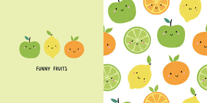Cute seamless fruit pattern. Cartoon kawaii apple, lemon, orange. Vector illustration