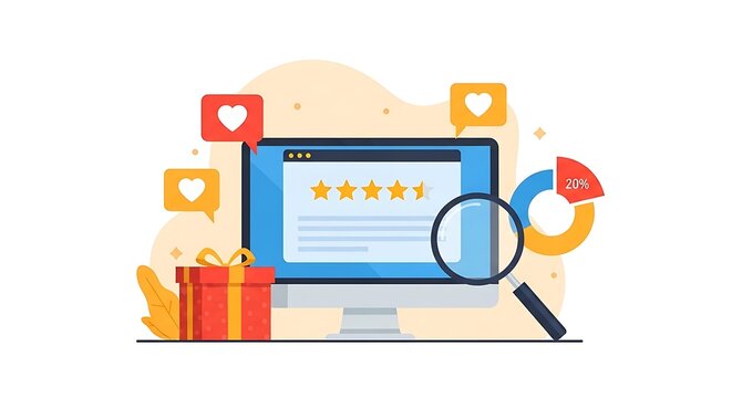 A graphic illustration shows a laptop with a review on the screen surrounded by social media icons and a magnifying glass on a colorful abstract background with a gift box.