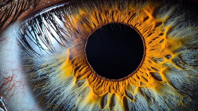 Eye moisture distribution extreme macro iris pattern with natural lubrication tear film coverage and detailed surface texture