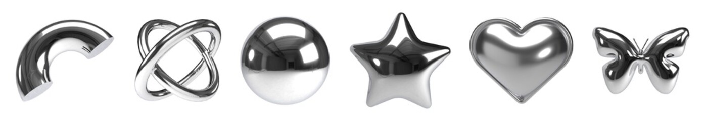 3D silver chrome geometric shapes set isolated on transparent background. Metallic fluid liquid object collection including sphere, star, butterfly, torus knot, heart and arch. © MIMGfx