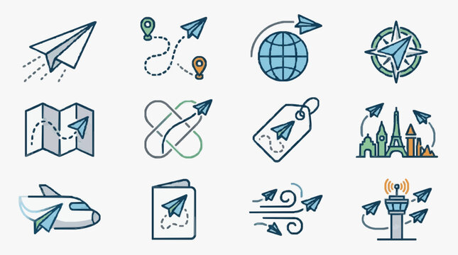 Collection of travel and aviation related icons and illustrations.