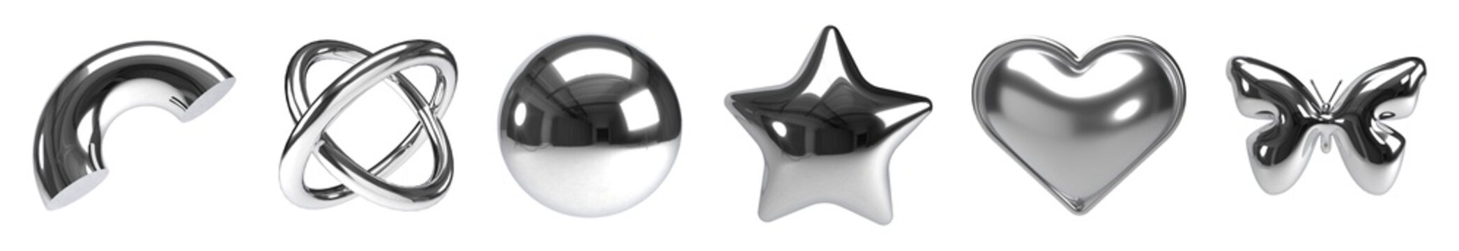 3D silver chrome geometric shapes set isolated on transparent background. Metallic fluid liquid object collection including sphere, star, butterfly, torus knot, heart and arch.
